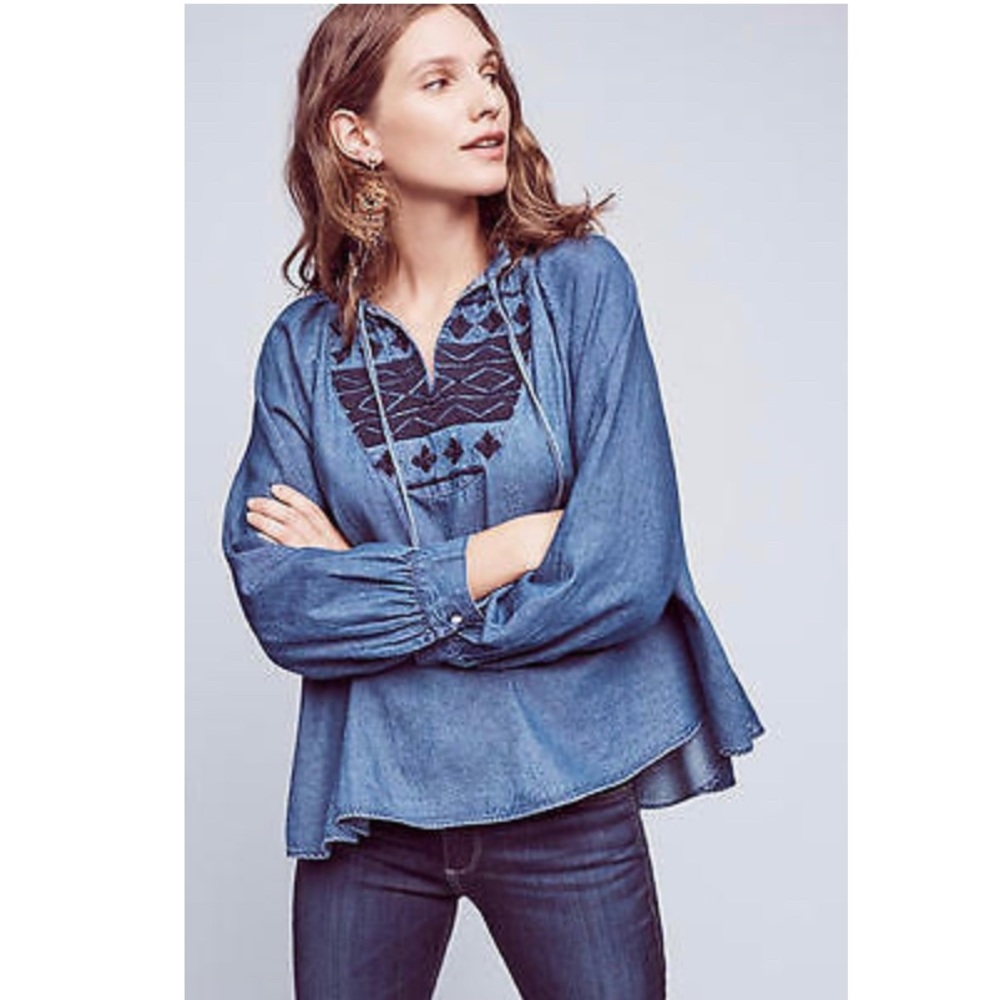 Anthropologie Blue Denim Embroidered Blouse size S